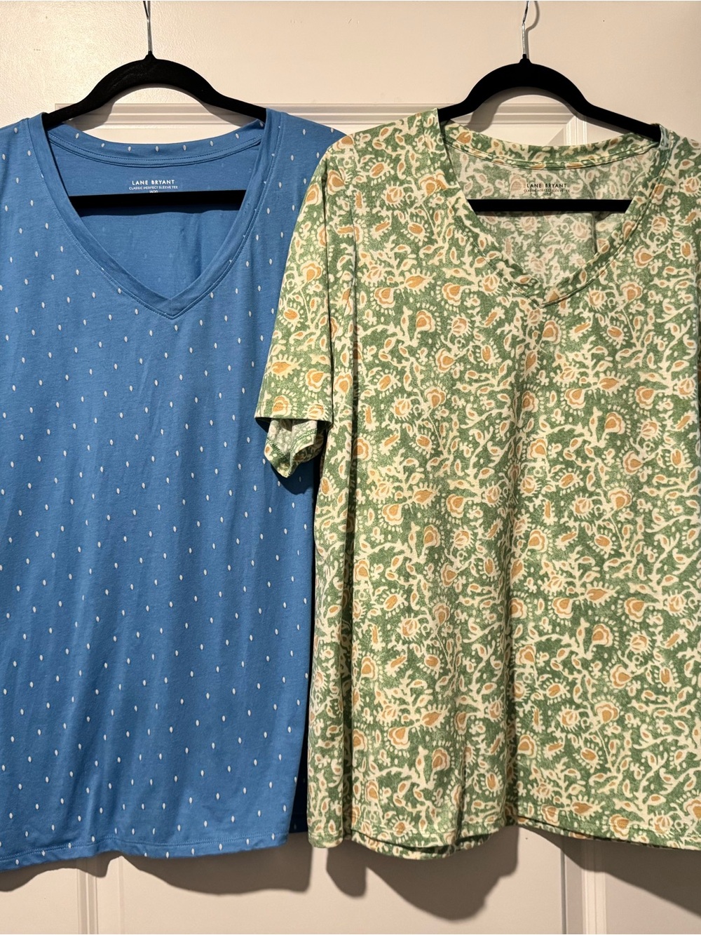 Lane Bryant Blue Dot V‑Neck Tee & Green Floral Short Sleeve Top